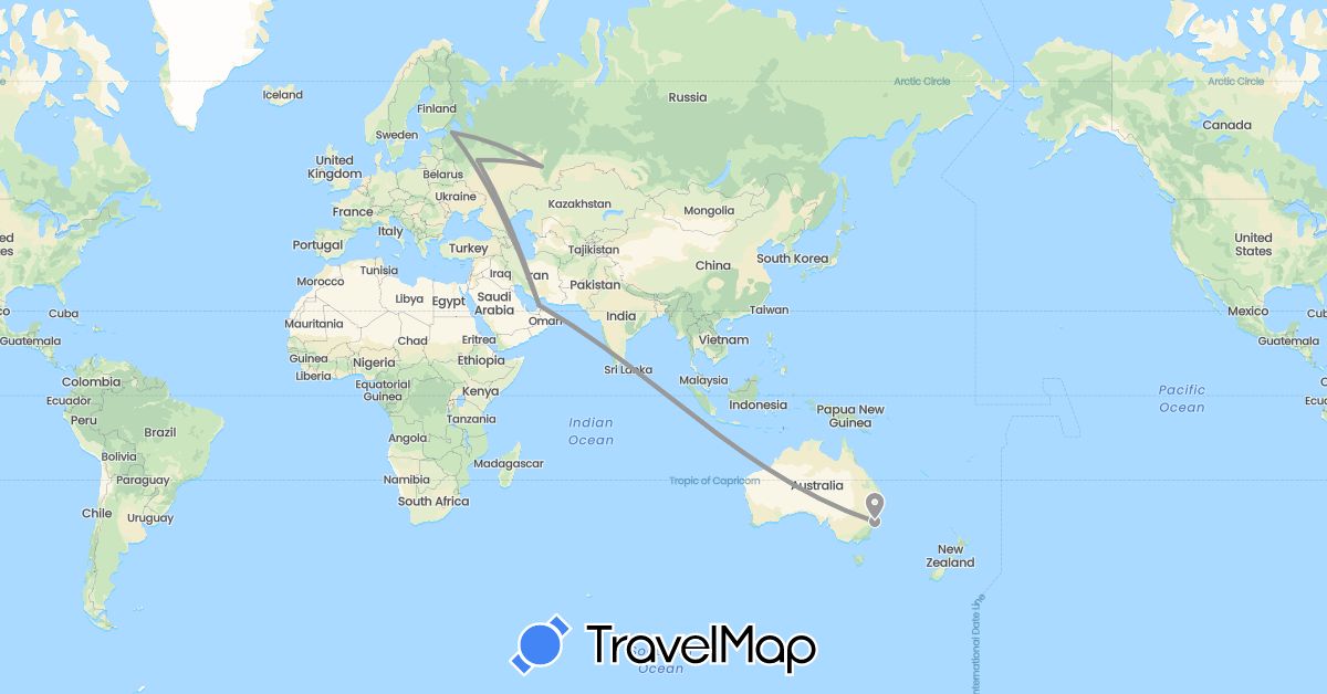 TravelMap itinerary: driving, plane in United Arab Emirates, Australia, Russia (Asia, Europe, Oceania)